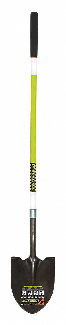 ROUND POINT SHOVEL, STEEL BLADE, 14 GAUGE, STRAIGHT HANDLE, FIBREGLASS HANDLE
