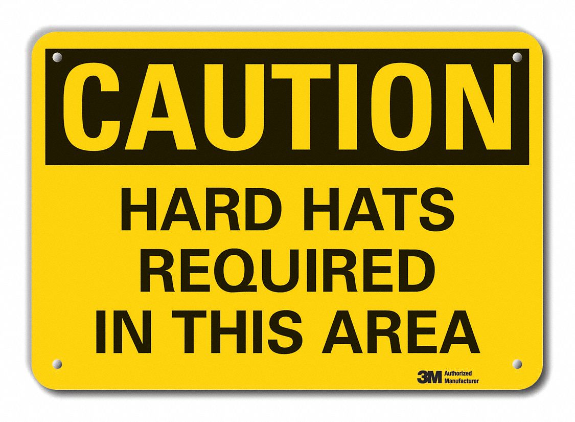 REFLECTIVE HARD HAT CAUTION SIGN, AL, HOLE MOUNT, ENGINEER GRADE, CAUTION, 10 X 14IN, HARD HATS REQUIRED IN THIS AREA