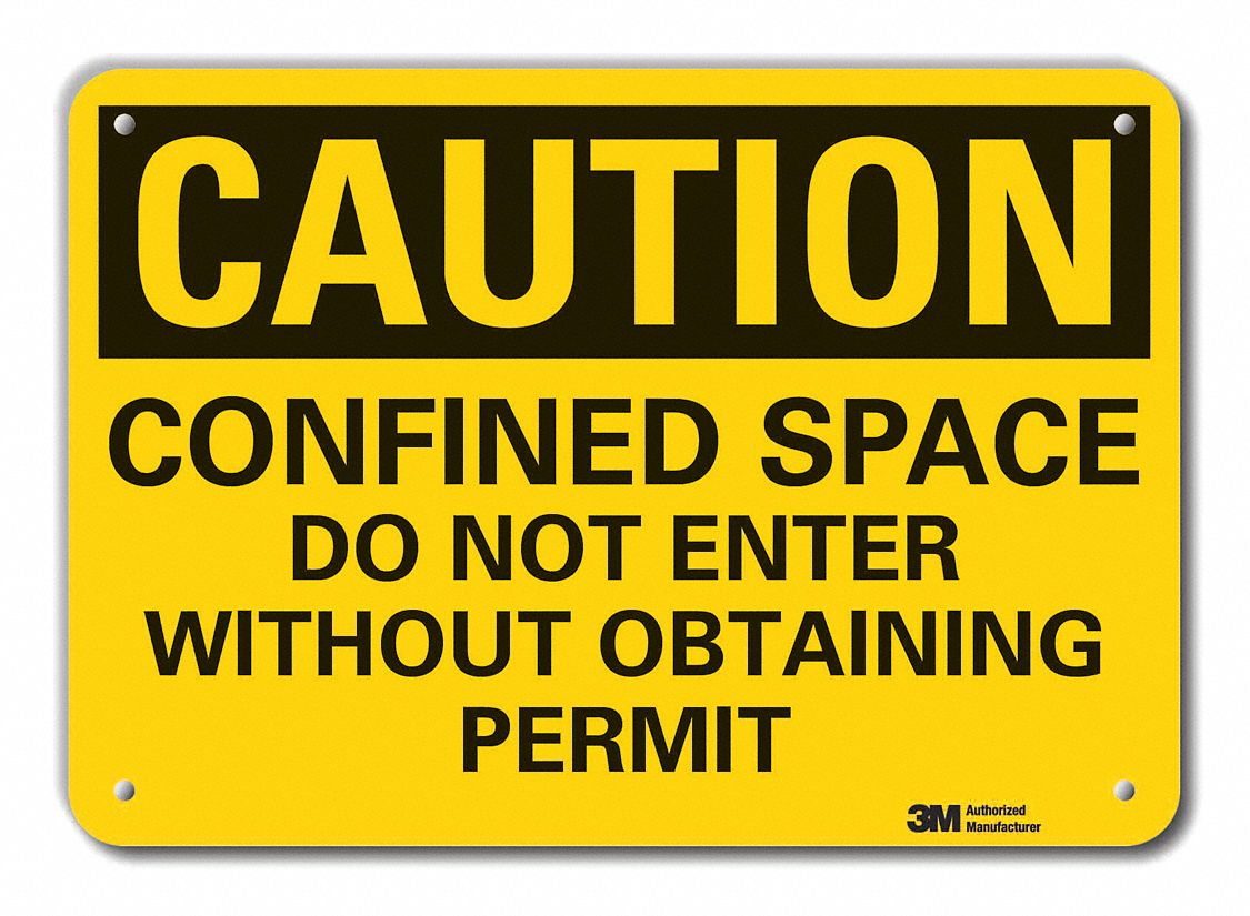 Reflective  Confined Space Caution Sign: Aluminum, Mounting Holes Sign Mounting, Engineer Grade