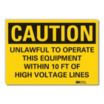 Caution: Unlawful To Operate This Equipment Within 10 Ft Of High Voltage Lines Signs