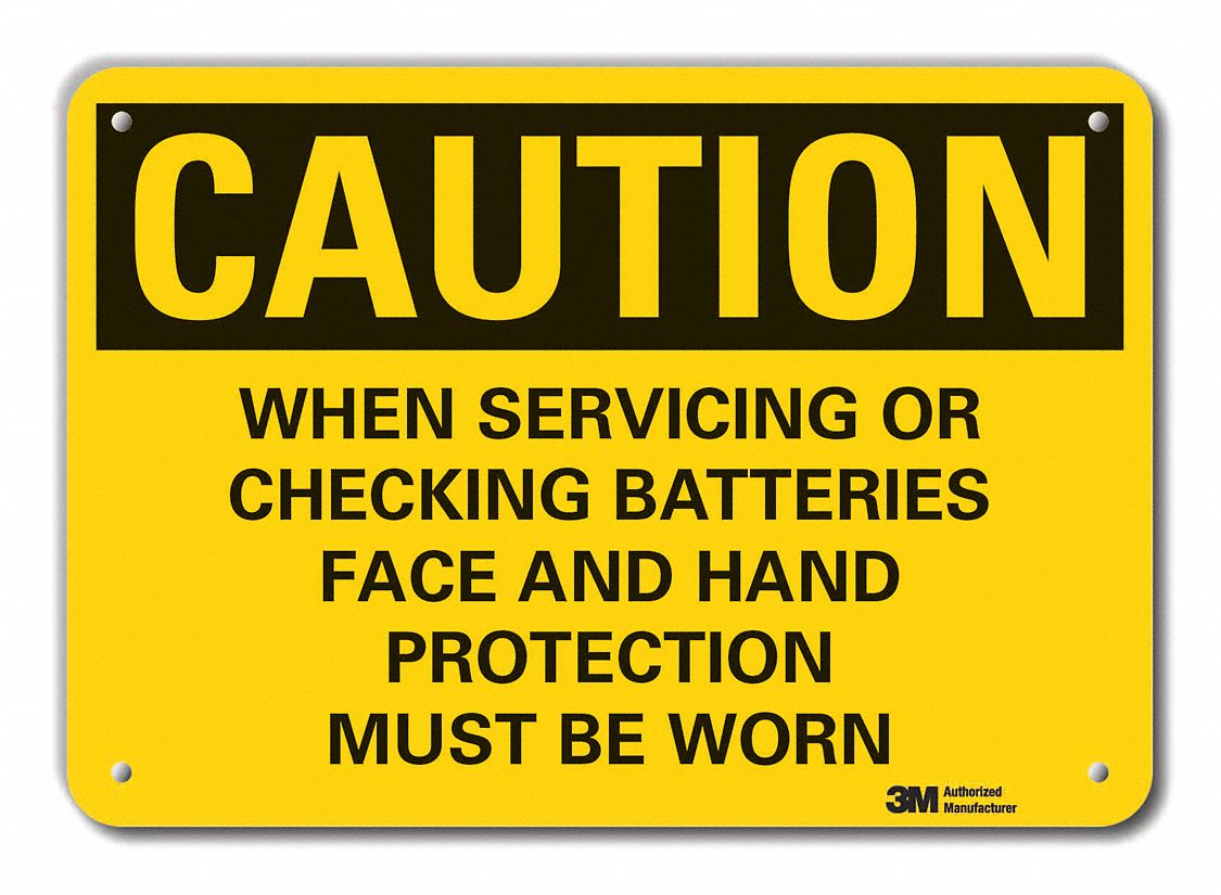 Reflective  Battery Hazard Caution Sign: Aluminum, Mounting Holes Sign Mounting, Engineer Grade