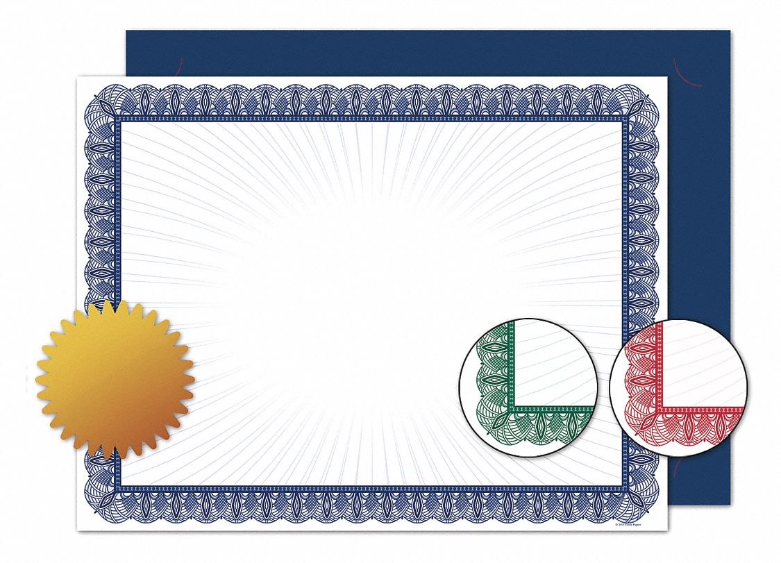 Certificate Kit: White, 9 3/8 in Wd, 12 in Ht, Recognition, Blue/Green/Red, 90 PK