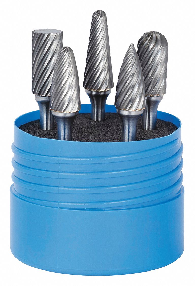 Carbide Bur Set: 1/4" Shank, Inox Cut, 1/2" Head Dia, 5 pc