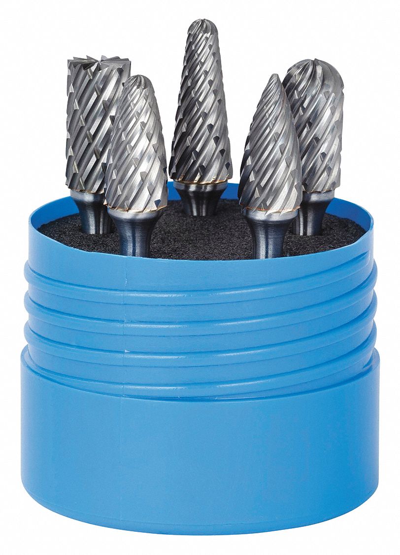 Carbide Bur Set: 1/4" Shank, Steel Cut, 1/2" Head Dia, 5 pc
