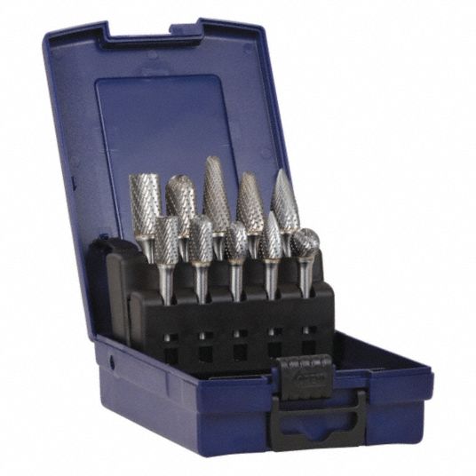 SGS PRO Carbide Bur Set: 1/4 in Shank Dia, Double Cut, 3/8 in to 1/2 in  Head Dia, 10 pc