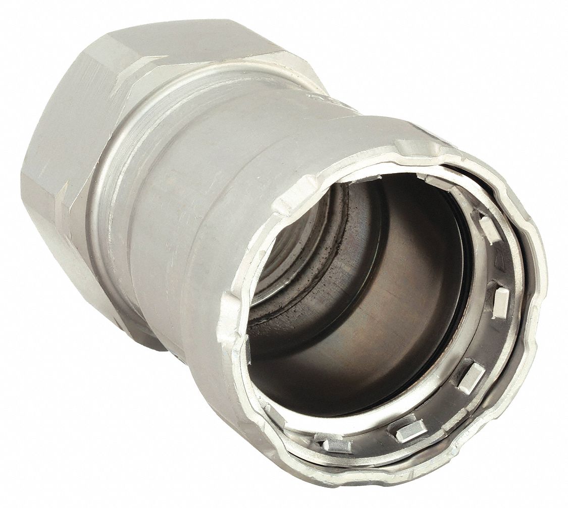 Crimp Adapter Fitting: 1 1/4 in Pipe x 1 1/4 in Pipe Size, Press-fit x FNPT, Steel