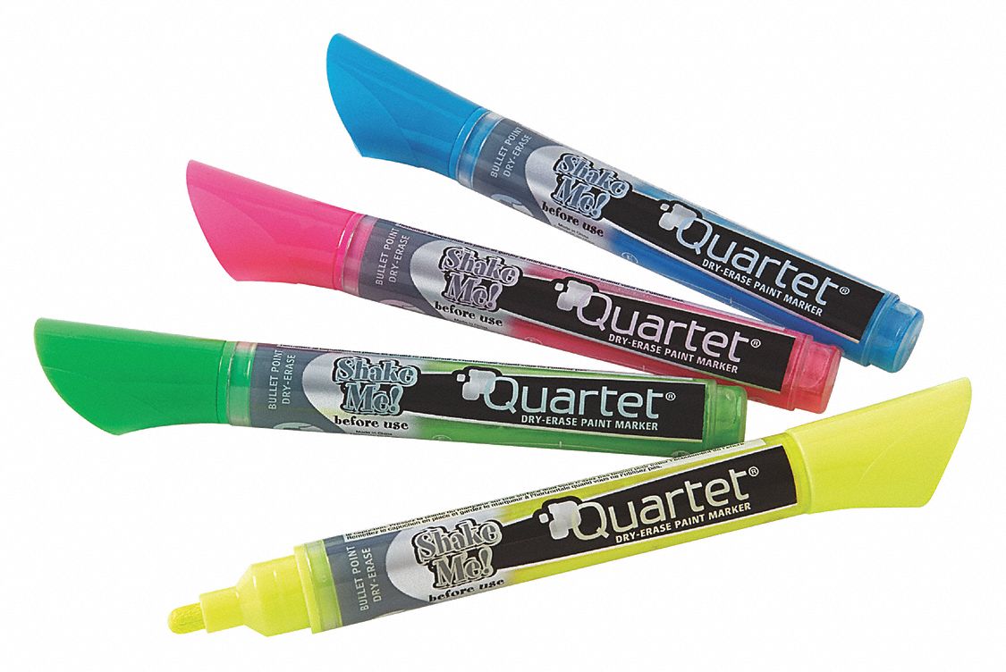 Dry Erase Marker Set: Assorted, Blue/Green/Pink/Yellow, Bullet, Capped, Std, Non-Toxic, 4 PK