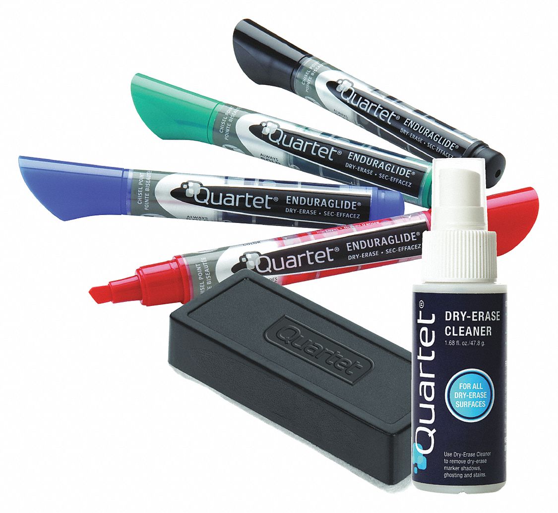 Dry Erase Marker Set: Assorted, Black/Blue/Green/Red, Chisel, Capped, Eraser Included, 4 PK