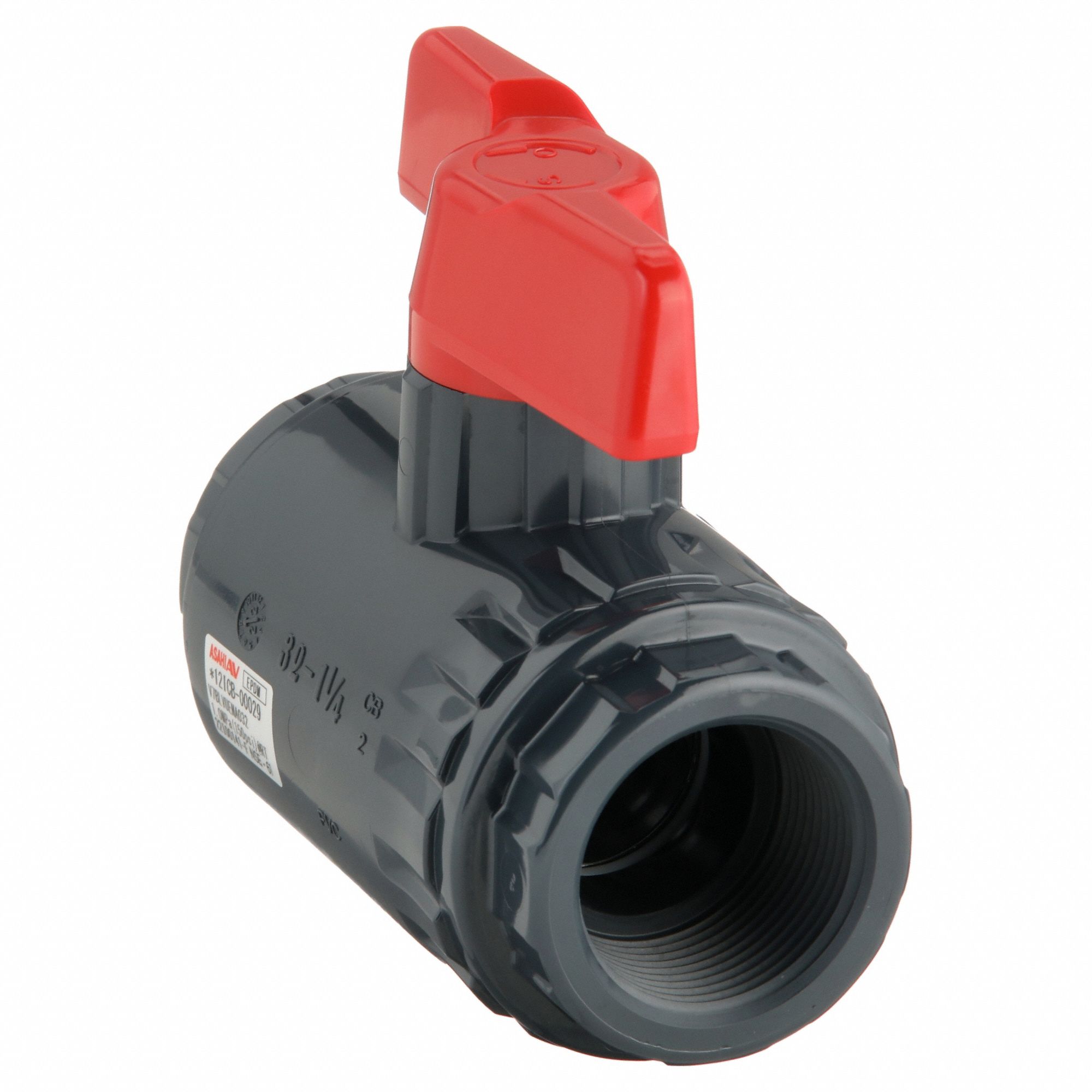 Manual Two-Way Ball Valve: 1 1/4 in, PVC, Straight, 150 psi Max. Pressure (CWP), One-Piece