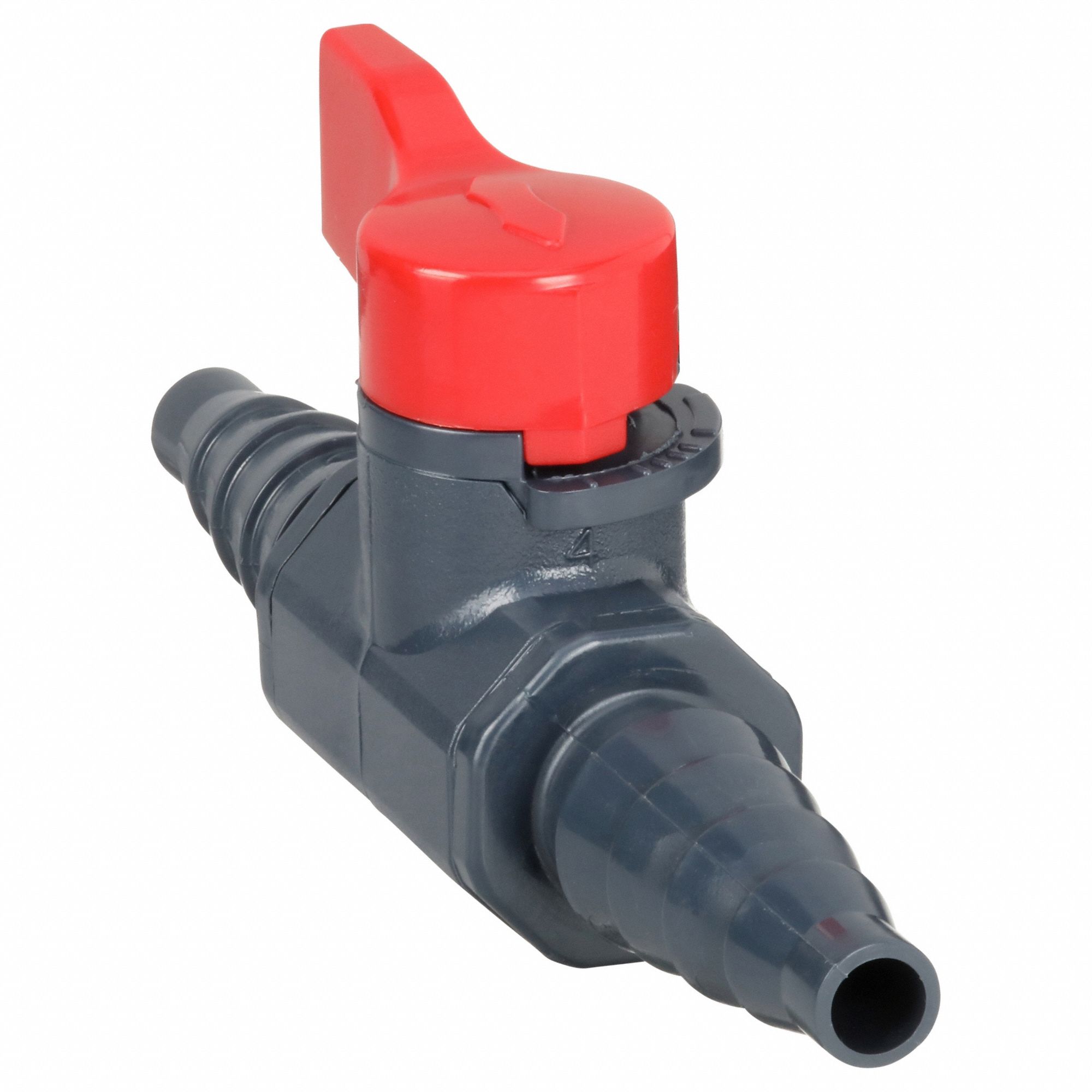Manual Two-Way Ball Valve: 1/4 in, PVC, Straight, Barb x Barb, 150 psi Max. Pressure (CWP)