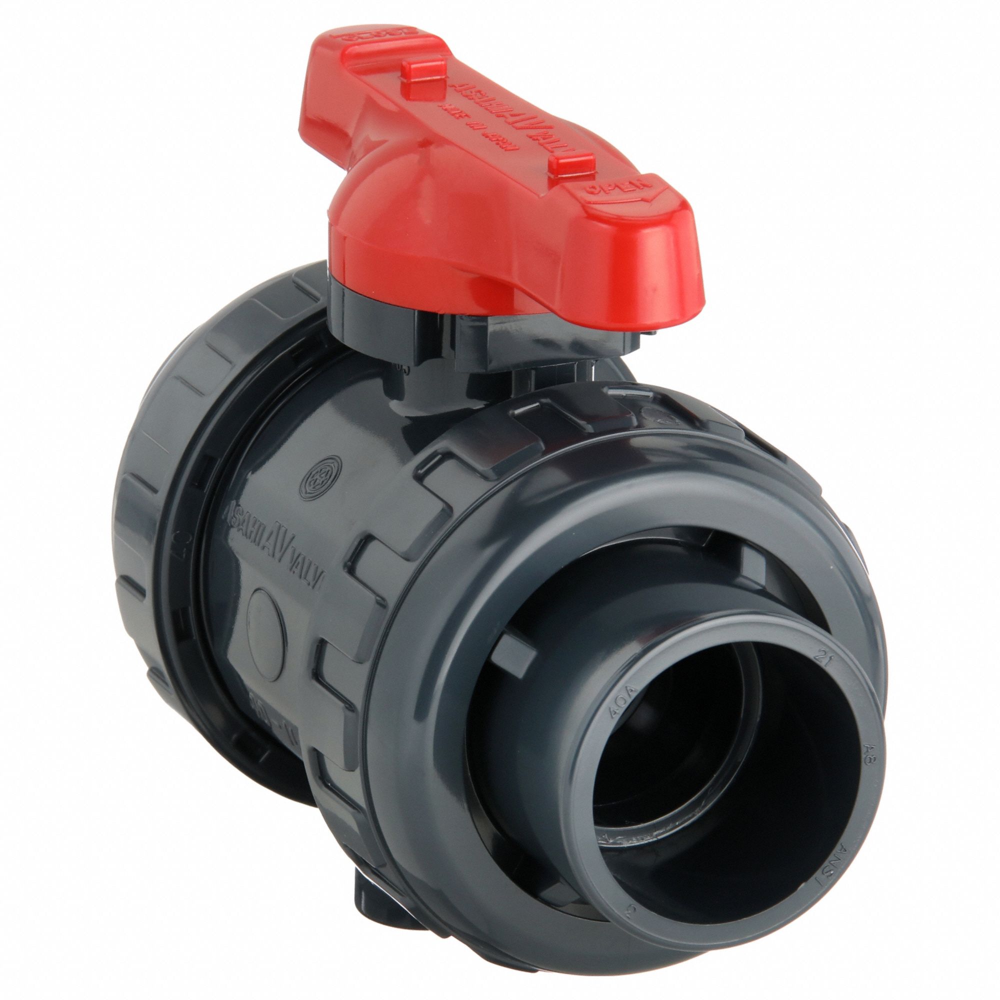 Manual Two-Way Ball Valve: 1 1/2 in, PVC, Straight, 230 psi Max. Pressure (CWP), One-Piece