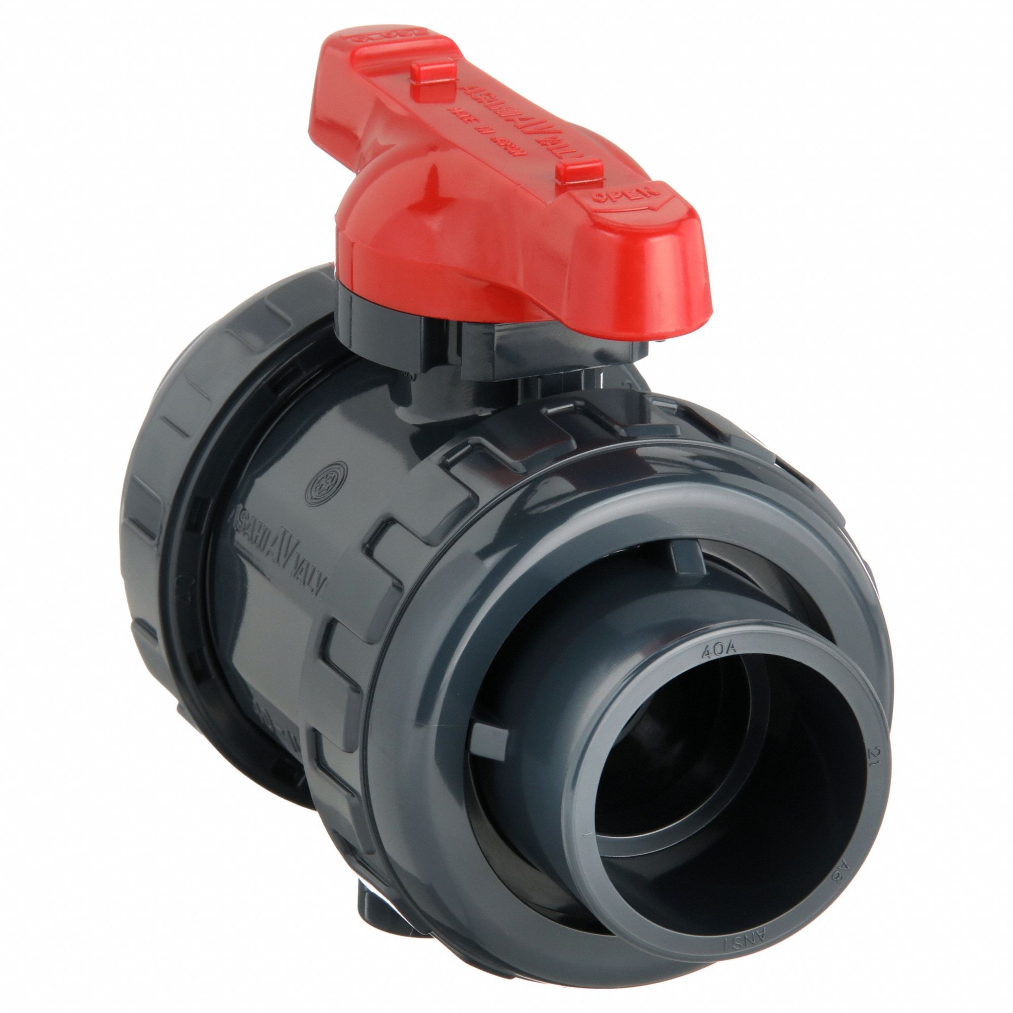 Manual Two-Way Ball Valve: 1 1/2 in, PVC, Straight, 150 psi Max. Pressure (CWP), One-Piece