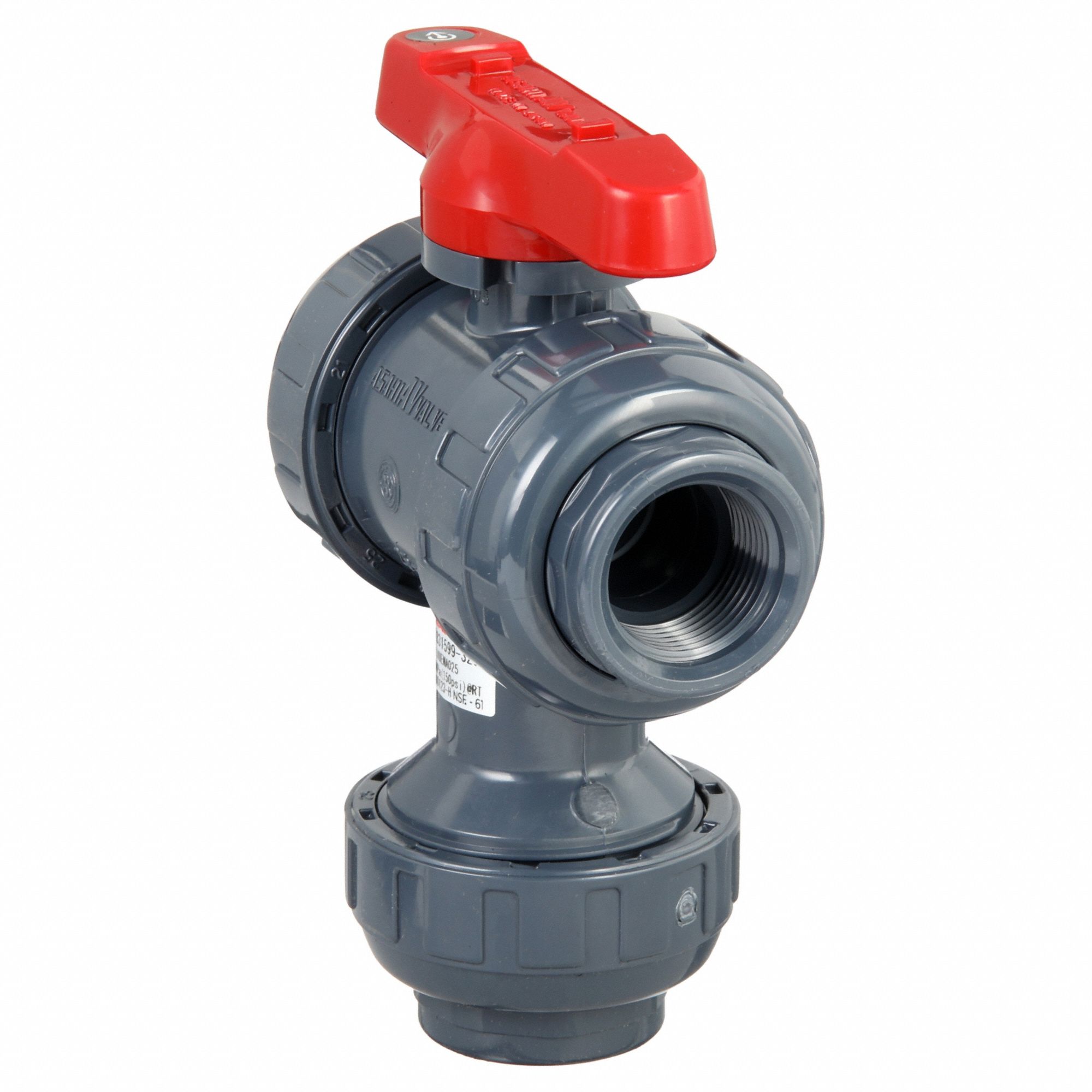 Manual Three-Way Ball Valve: 1 in, PVC, 150 psi Max. Pressure (CWP), Full Port Ball Port, Tee