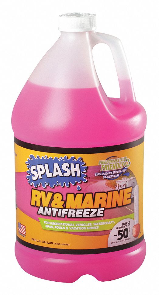 RV/Marine Antifreeze: 1 gal Size, Plastic Bottle, Blended, Pink, 8.2 pH pH, Not Recommended