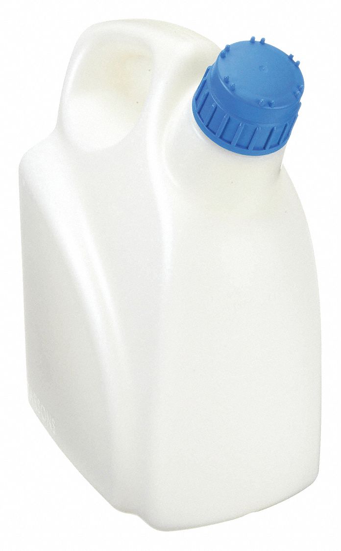 Jerrican: 1 L Capacity - mL, 2.64 gal Capacity - oz, Screw On, HDPE, Blow Molded Handle, White