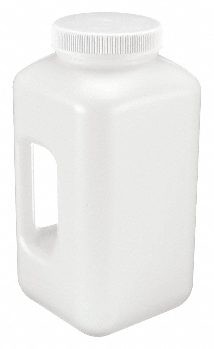 Jug: 3.97 L Capacity - mL, 1.05 gal Capacity - oz, Screw On, HDPE, Blow Molded Handle, White, Square