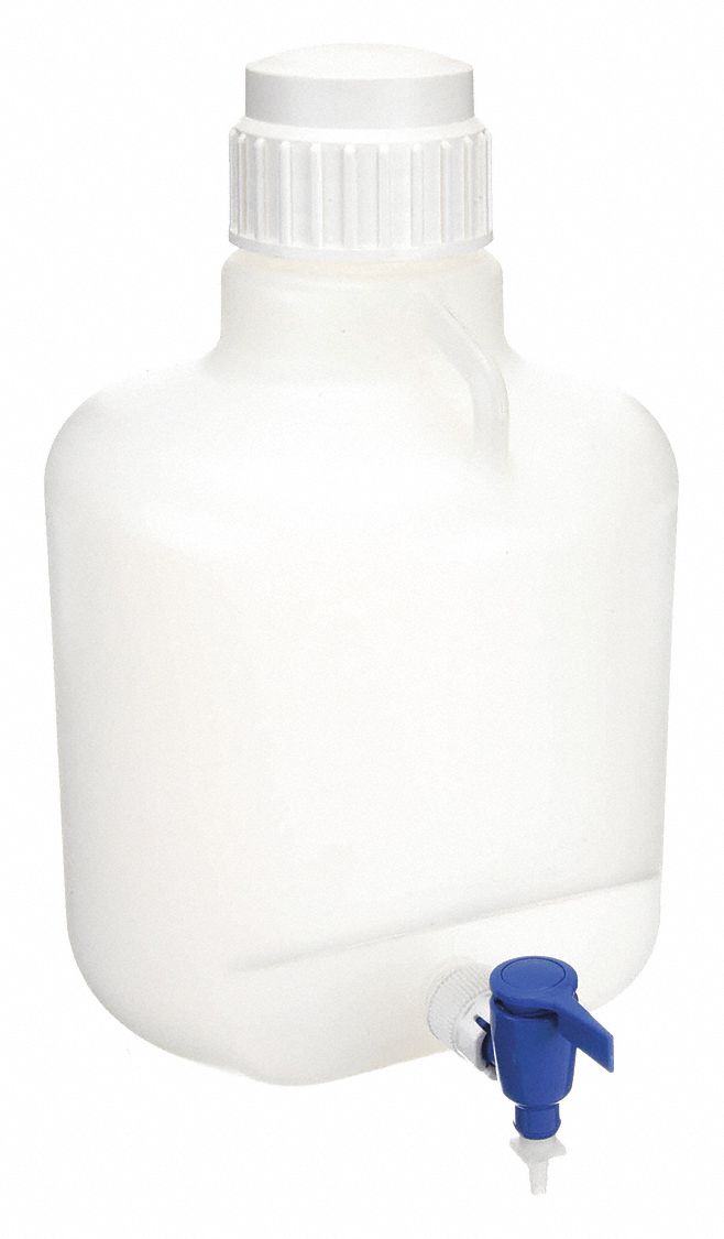Carboy: 10 L Capacity - mL, 2.64 gal Capacity - oz, Screw On/Spigot, LDPE, Integral Shoulder Handle