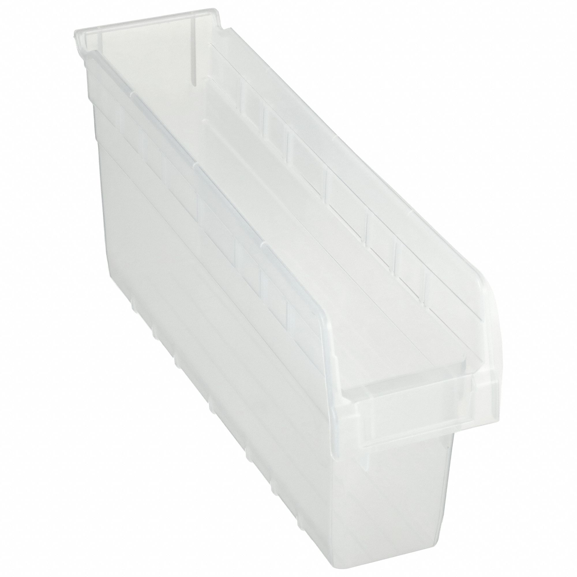 Shelf Bin: 17 7/8 in Overall Lg, 4 3/8 in x 8 in, Clear, Nesting Capable