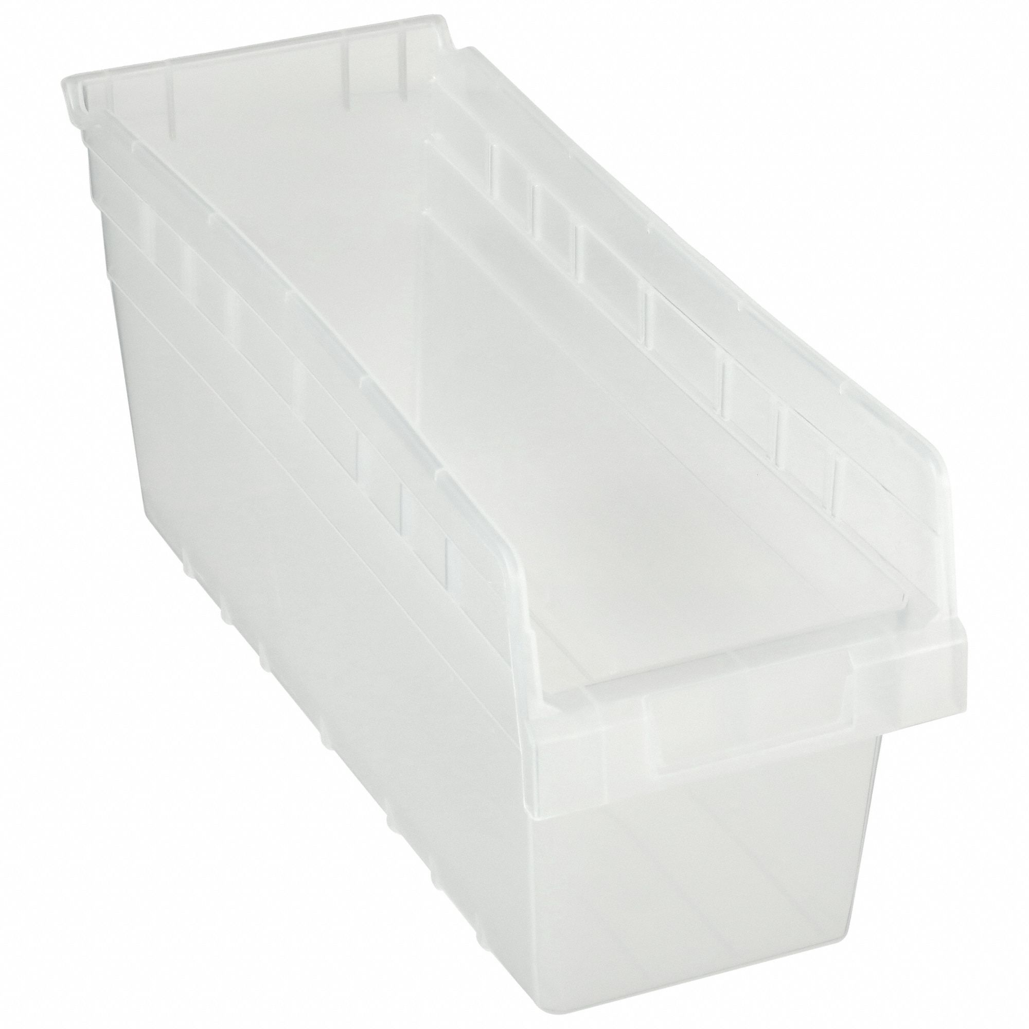 Shelf Bin: 17 7/8 in Overall Lg, 6 5/8 in x 8 in, Clear, Nesting Capable