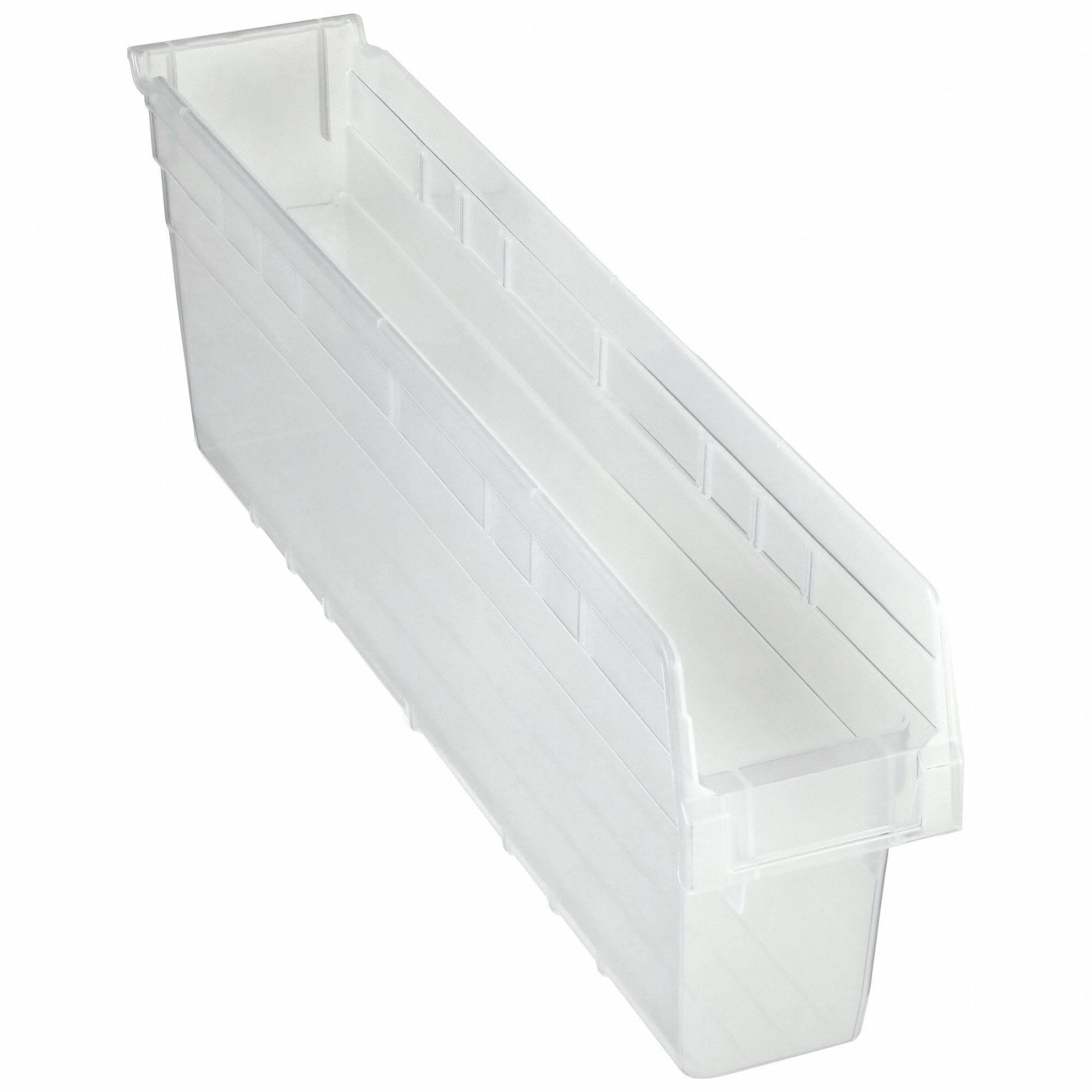 Shelf Bin: 23 5/8 in Overall Lg, 4 3/8 in x 8 in, Clear, Nesting Capable