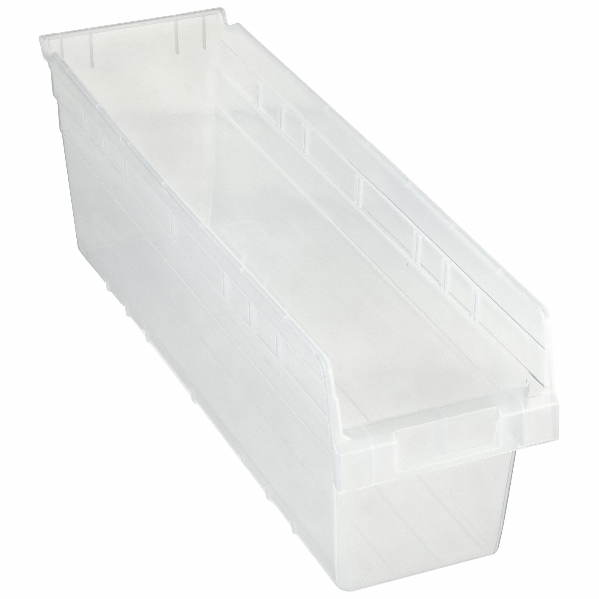 Shelf Bin: 23 5/8 in Overall Lg, 6 5/8 in x 8 in, Clear, Nesting Capable