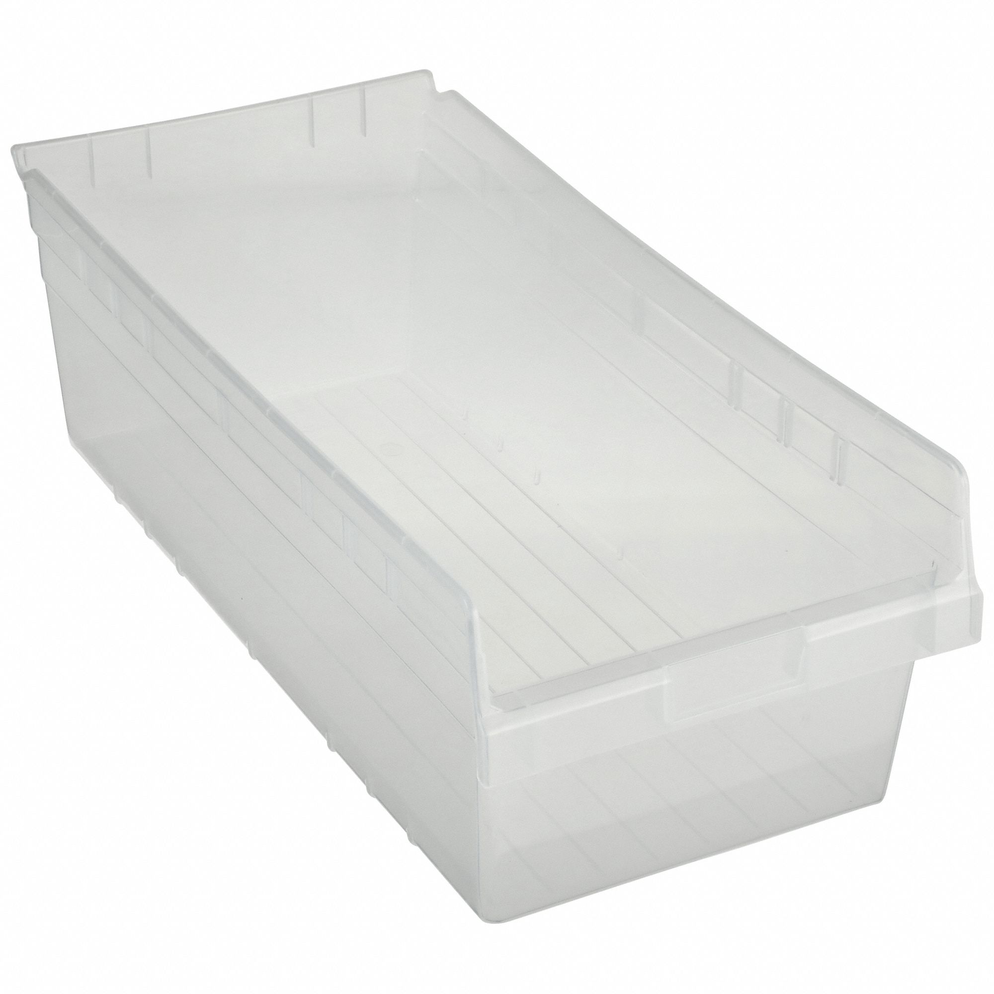 Shelf Bin: 23 5/8 in Overall Lg, 11 1/8 in x 8 in, Clear, Nesting Capable