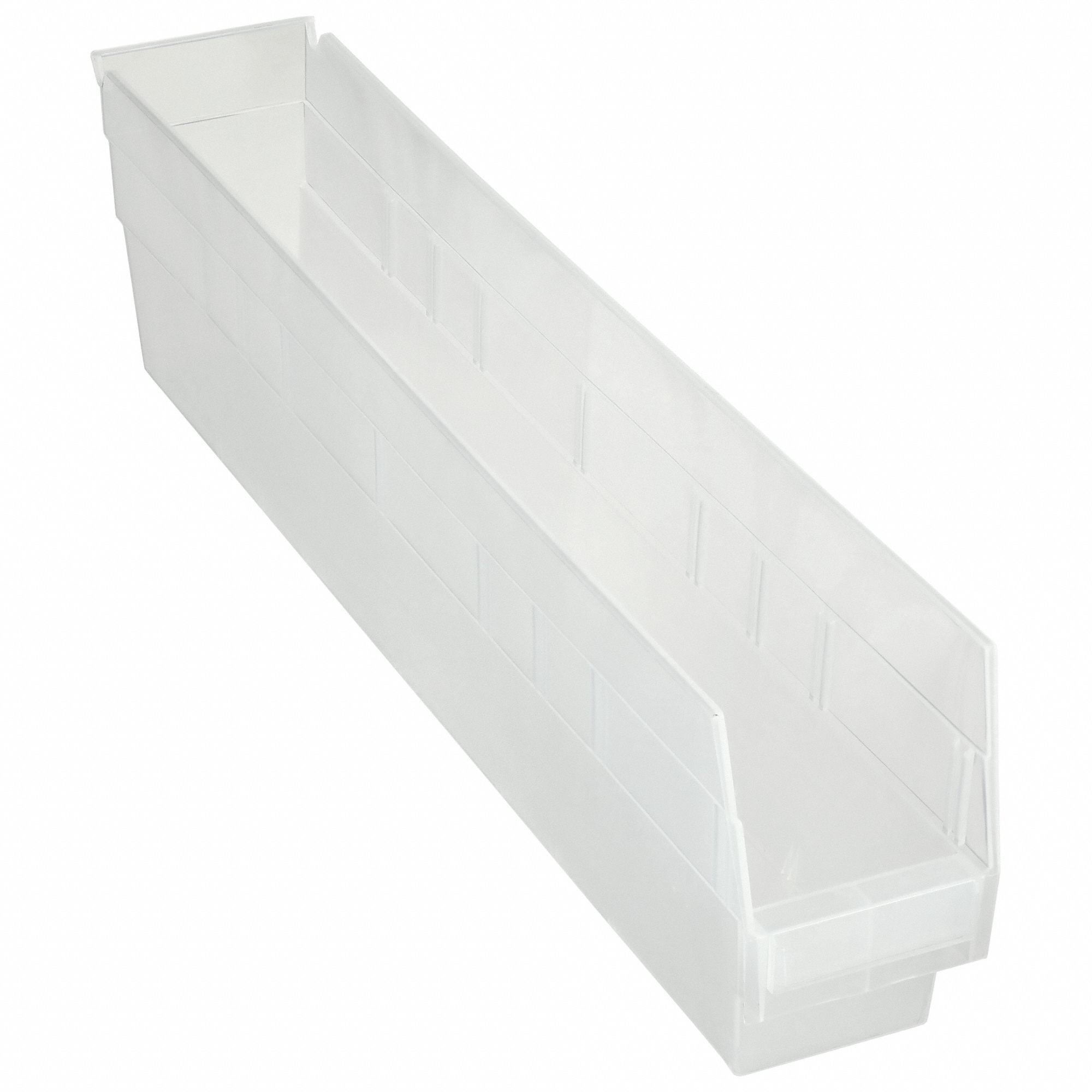 Shelf Bin: 23 5/8 in Overall Lg, 4 1/8 in x 6 in, Clear, Nesting Capable