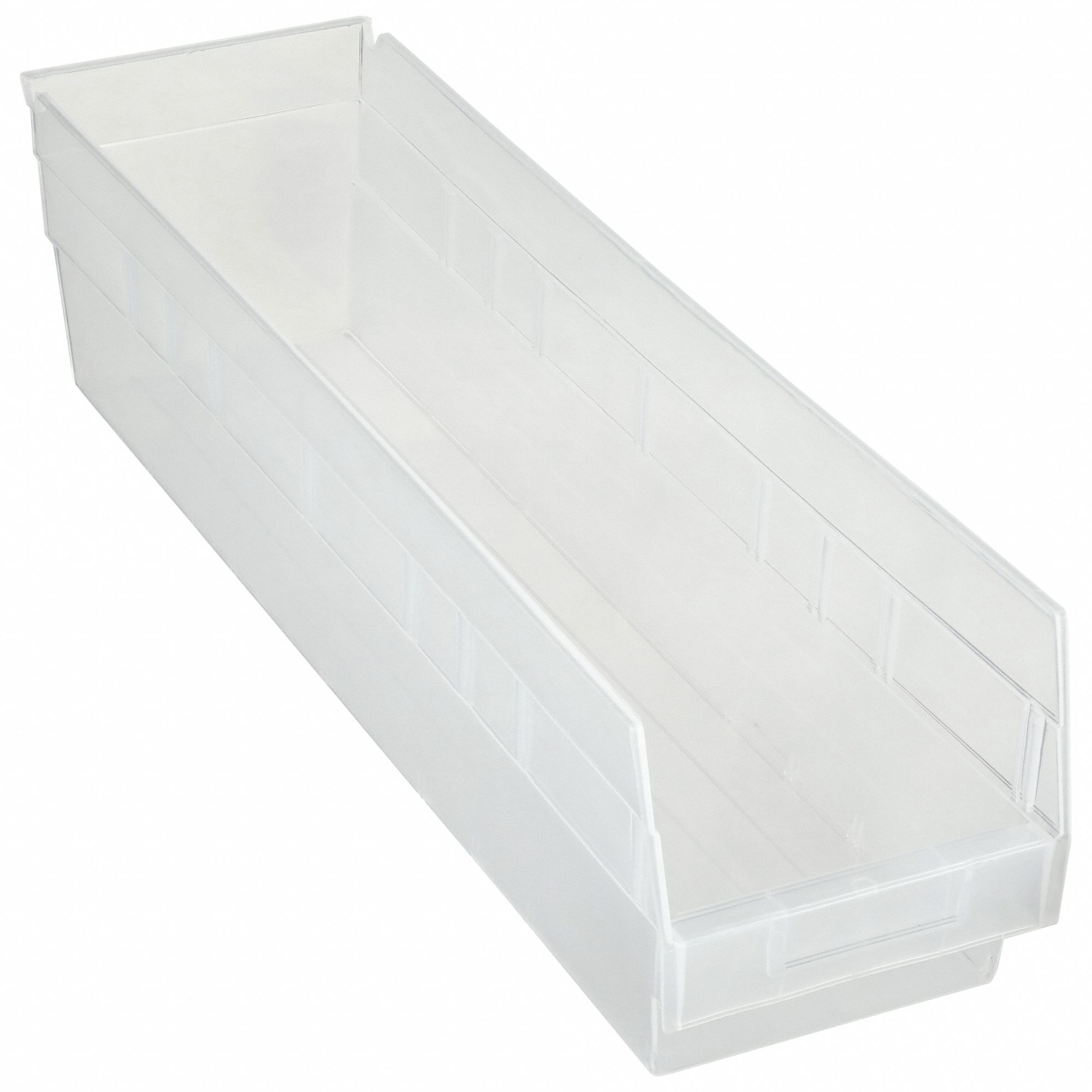Shelf Bin: 23 5/8 in Overall Lg, 6 5/8 in x 6 in, Clear, Nesting Capable