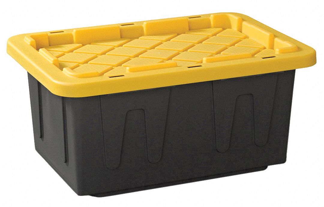 Storage Tote: 15 gal, 26 in x 17 3/4 in x 12 1/4 in, Black Body, Yellow Lid, 10 to 20 gal