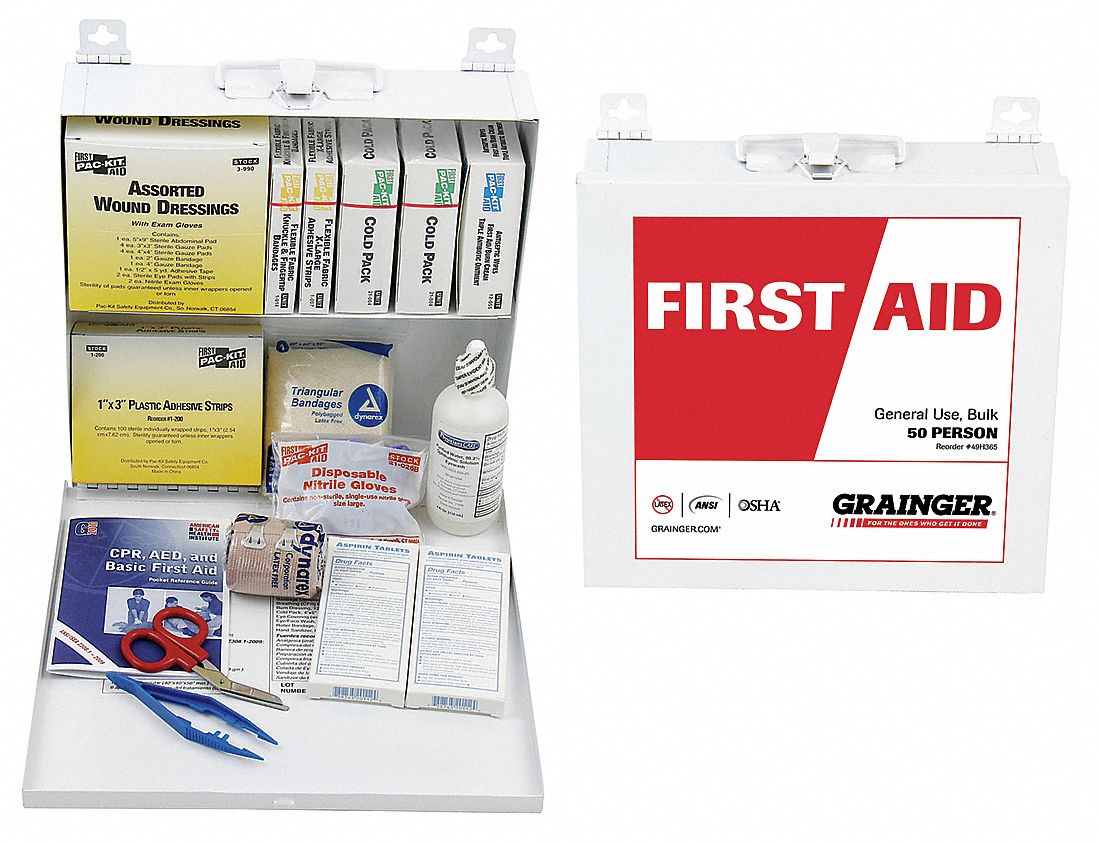 First Aid Kit and Housing: Industrial, 50 People Served, 195 Components, Metal