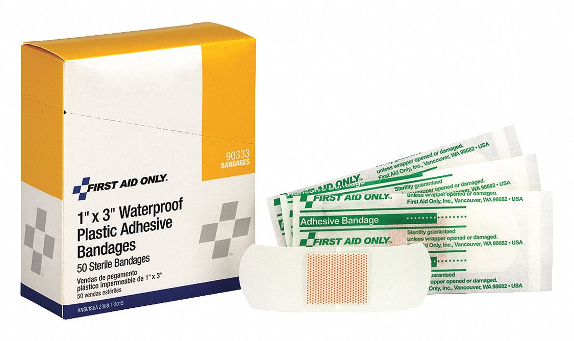 Adhesive Bandage: Strip Bandages, 1 in Wd, 3 in Lg, Not Metal Detectable, Plastic