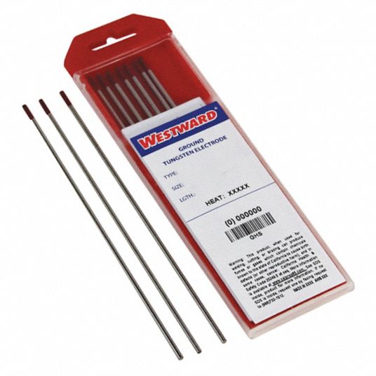 WESTWARD Tungsten Electrode Thoriated, 1/8 in x 7 in, Red, EWTh2, 10