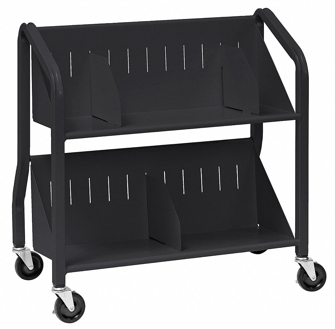 BUDDY PRODUCTS Welded Steel Book Cart with 2 Sloped Shelves, Black 49J47354134 Grainger