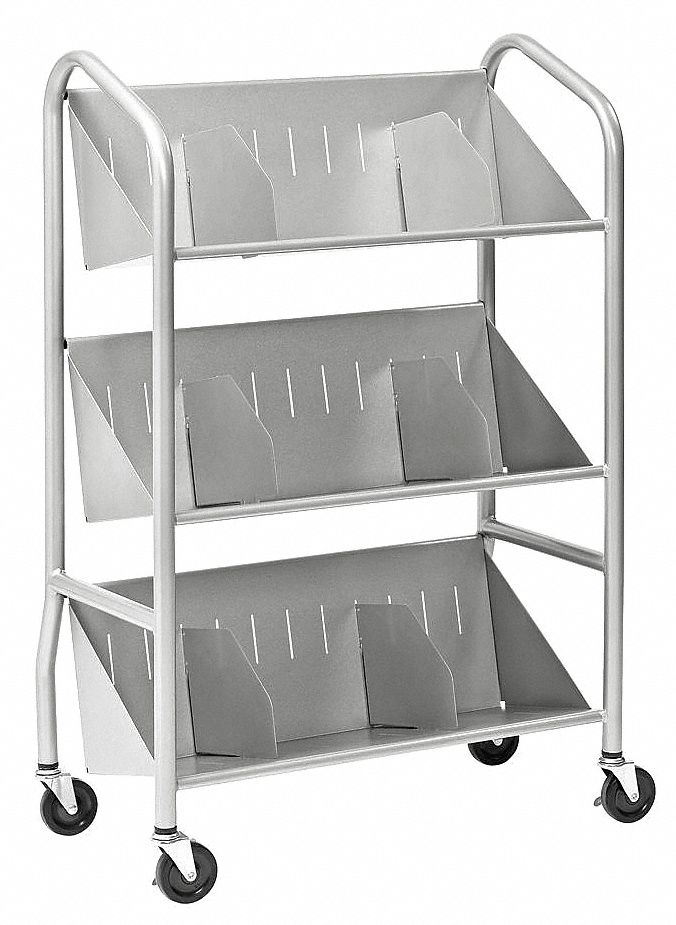 BUDDY PRODUCTS Steel Book Cart with 3 Sloped Shelves, Silver 49J474