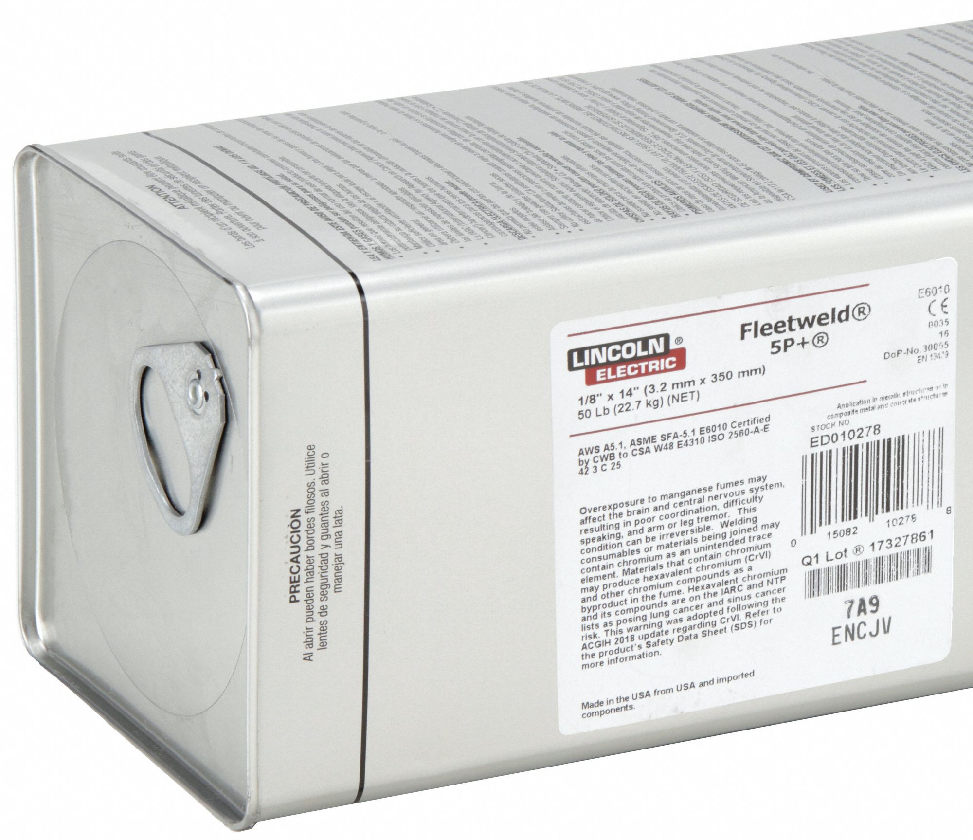 Stick Electrode: Carbon Steel, E6010, 1/8 in x 14 in, 50 lb, Fleetweld 5P+