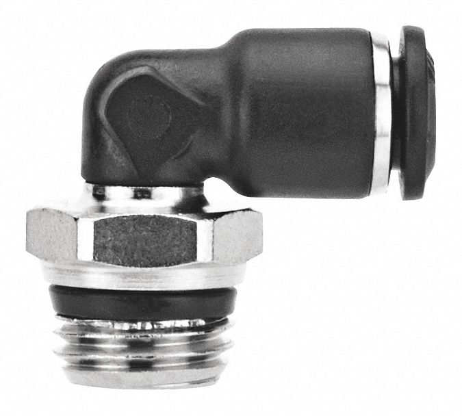 ELBOW CONNECTOR: NYLON, PUSH-TO-CONNECT X UNIVERSAL, FOR 6 MM TUBE OD, ¼ IN PIPE, BLACK