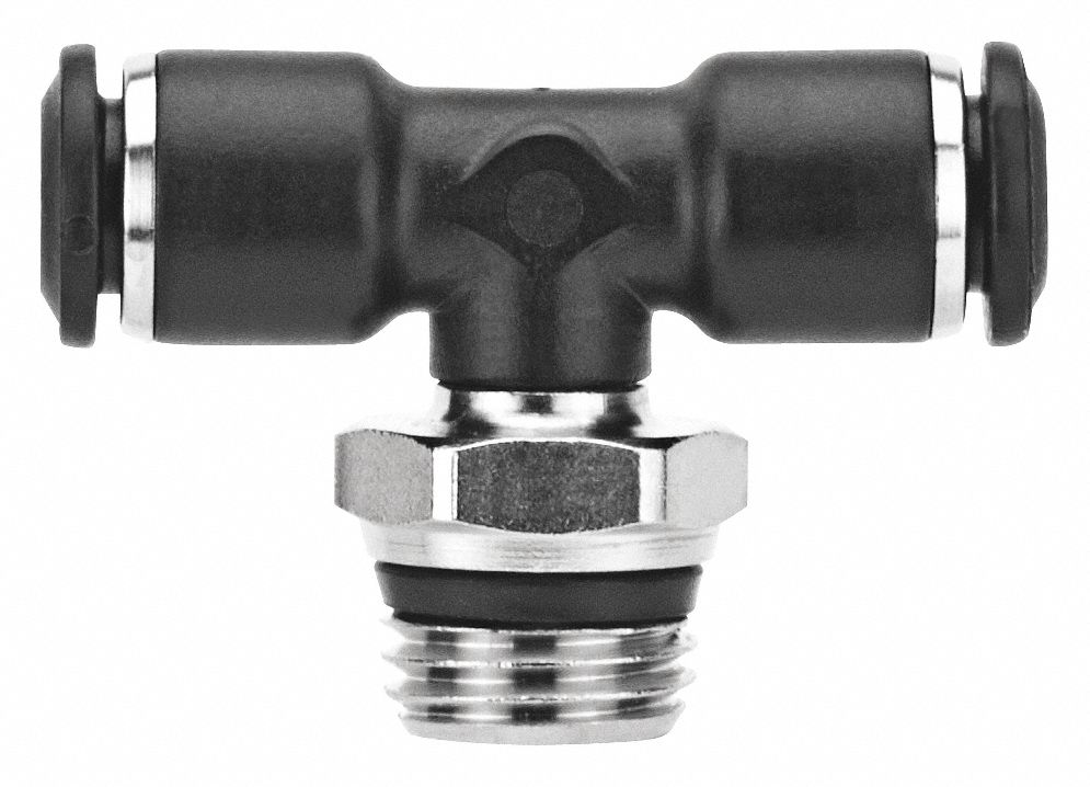 SWIVEL BRANCH TEE: NYLON, PUSH-TO-CONNECT X PUSH-TO-CONNECT X UNIVERSAL, ⅜ IN PIPE, BLACK