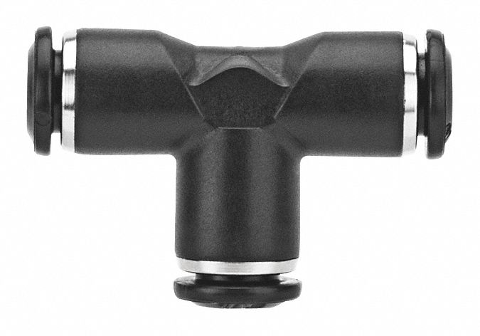 Push-Fit Tee Fitting: 12 mm OD x 12 mm OD x 12 mm OD Size, Nylon, 2 13/32 in Overall Lg