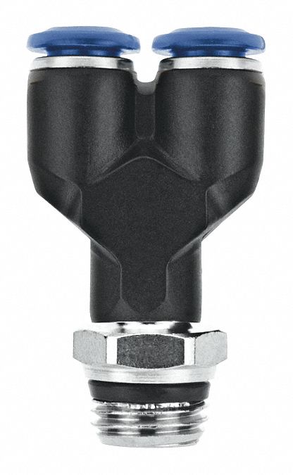 Push-Fit Tee Fitting: 5/16 in OD x 5/16 in OD x 3/8 in Pipe Size, Nylon, Black