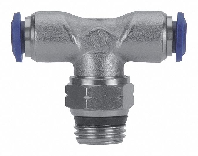 Push-Fit Tee Fitting: 1/4 in OD x 1/4 in OD x 5/16 in Pipe Size, Brass, Silver