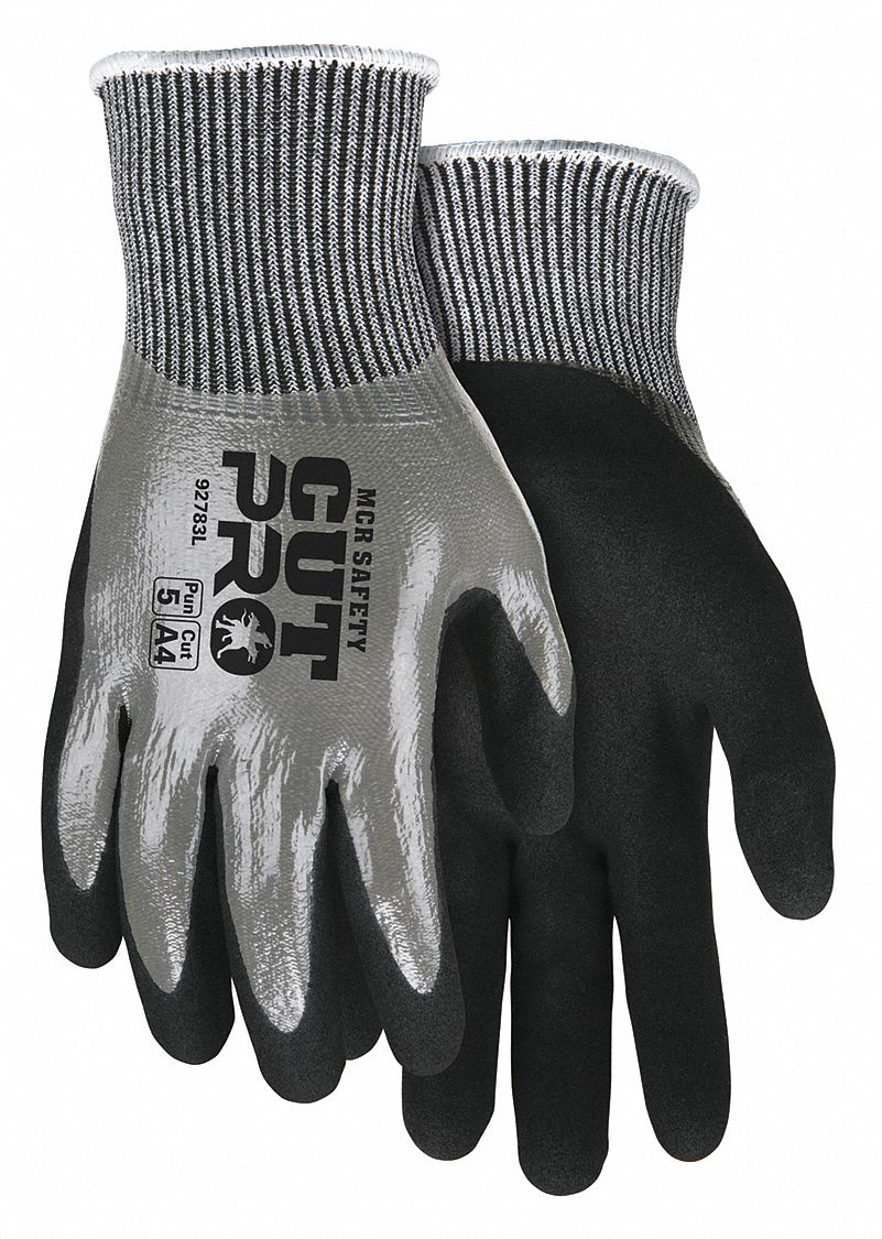 GANTS RÉSIST COUPURES,ANSI 4/A4,TRICT S/ COUTURE/CALIBRE 13,TAILLE TP/6,GRIS/NR,NITRILE/HPPE,PAIRE
