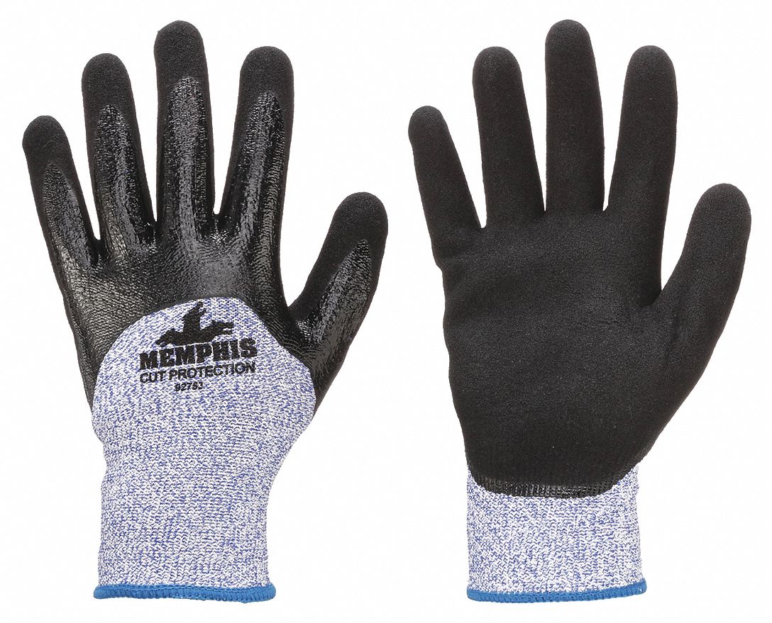 CUT RESISTANT GLOVES, ANSI 5/A4, 13 GA/SEAMLESS KNIT, SIZE S/7, BLUE/BLACK, NITRILE/HPPE, PAIR