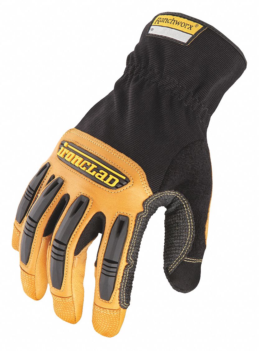 Mechanics Gloves: 3XL ( 12 ), Mechanics Glove, Full Finger, Goatskin, TPR, Black/Tan, 1 PR