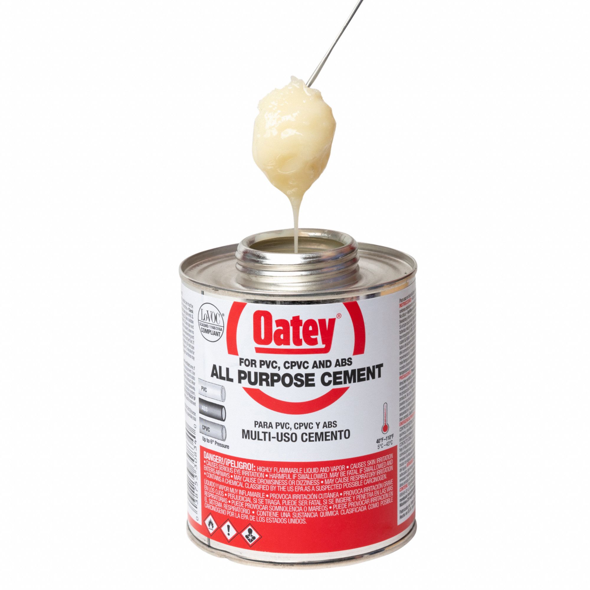 OATEY Pipe Cement All Purpose, 8 fl oz, BrushTop Can, White 29FH91