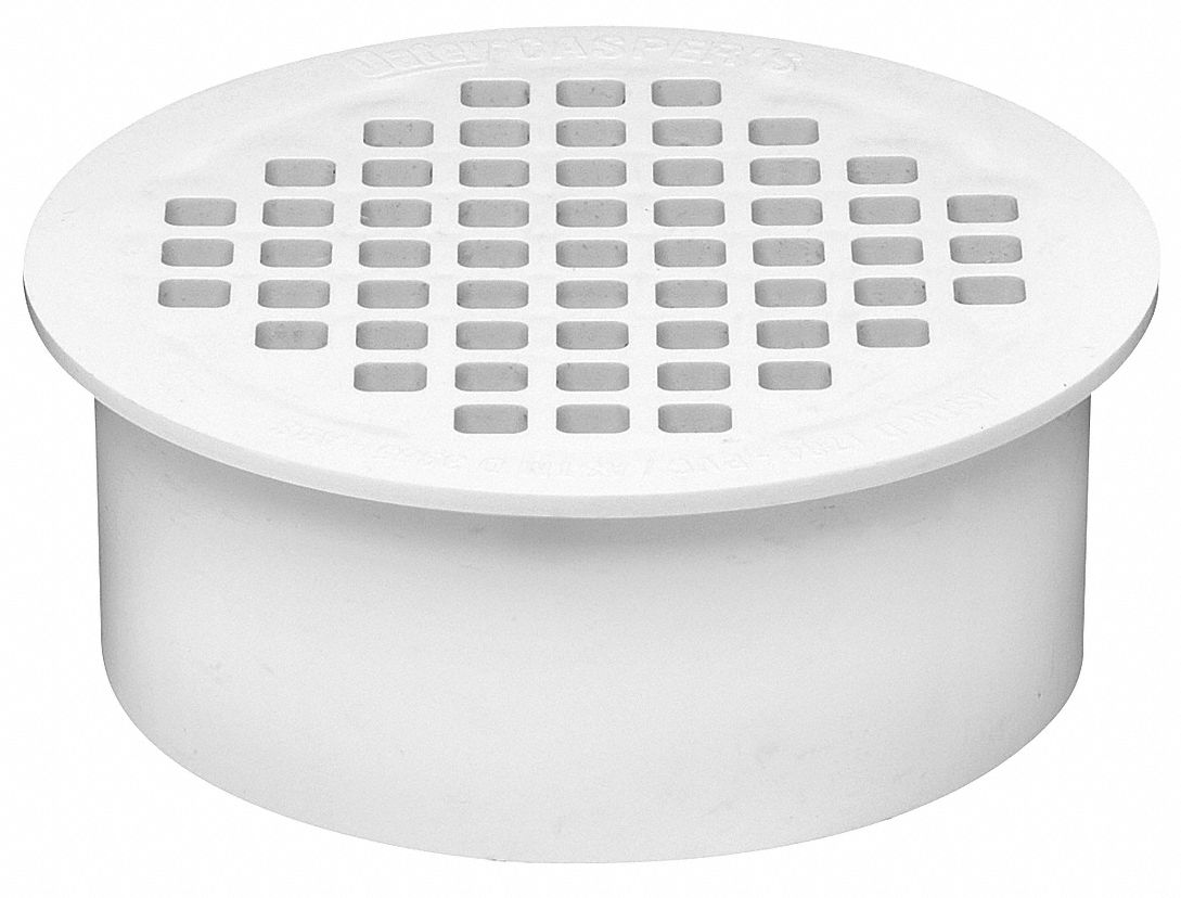 Floor Drain: 4 1/2 in Overall Dia, 4 1/2 in 4 1/2 in Grate Size, 4 in Nominal Pipe Size, PVC
