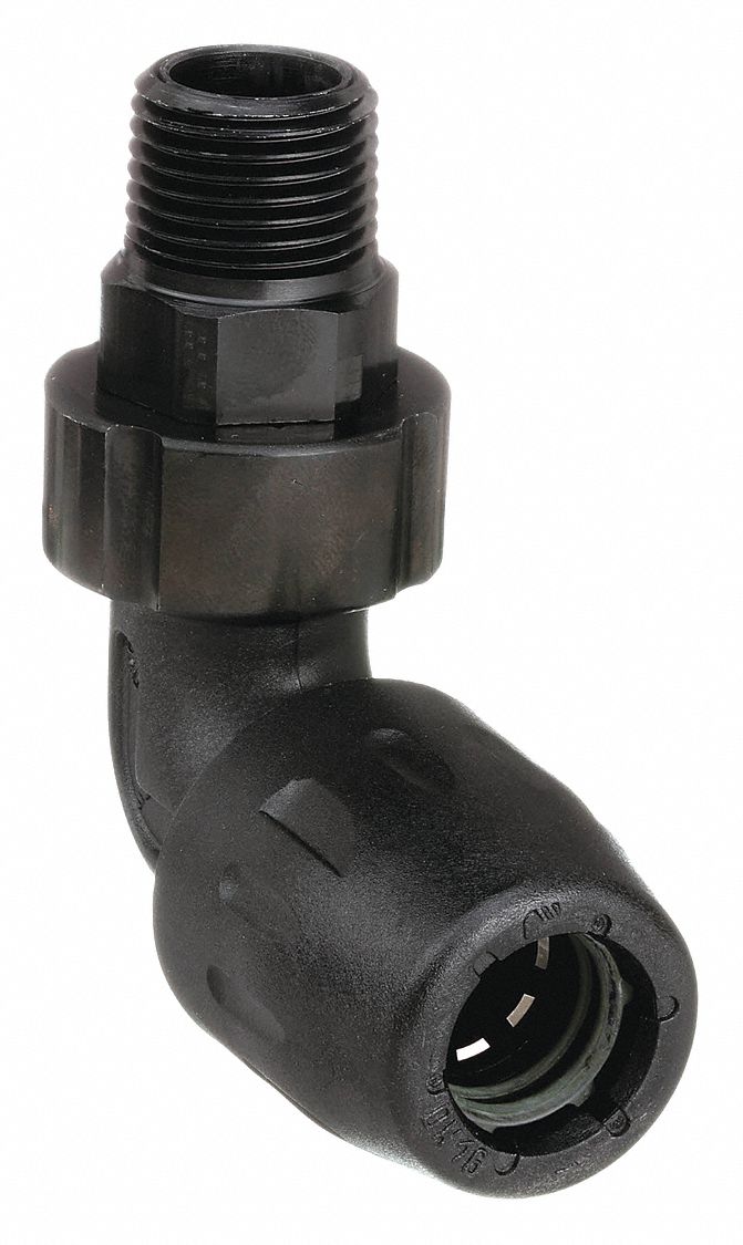 Push-Fit Elbow Fitting: 1 1/2 in OD x 1 1/2 in Pipe Size, Push-to-Connect x MNPT, Polyamide