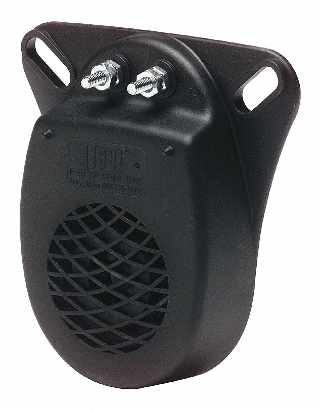 Vehicle Backup Alarm: Fixed, Tonal, 97 dB Max Sound Level, 12V DC, 97 dB Min Sound Level, Black