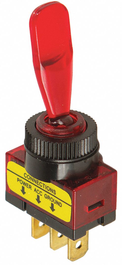 Automotive Switch: Toggle Switch, SPST, 3 Connections, On/Off, Red, Red, 1/4 in Male