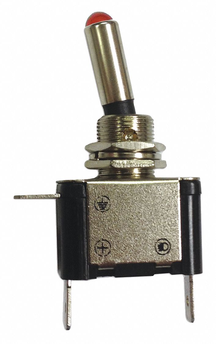 Automotive Switch: Toggle Switch, SPST, 3 Connections, On/Off, Silver, Black, Red LED