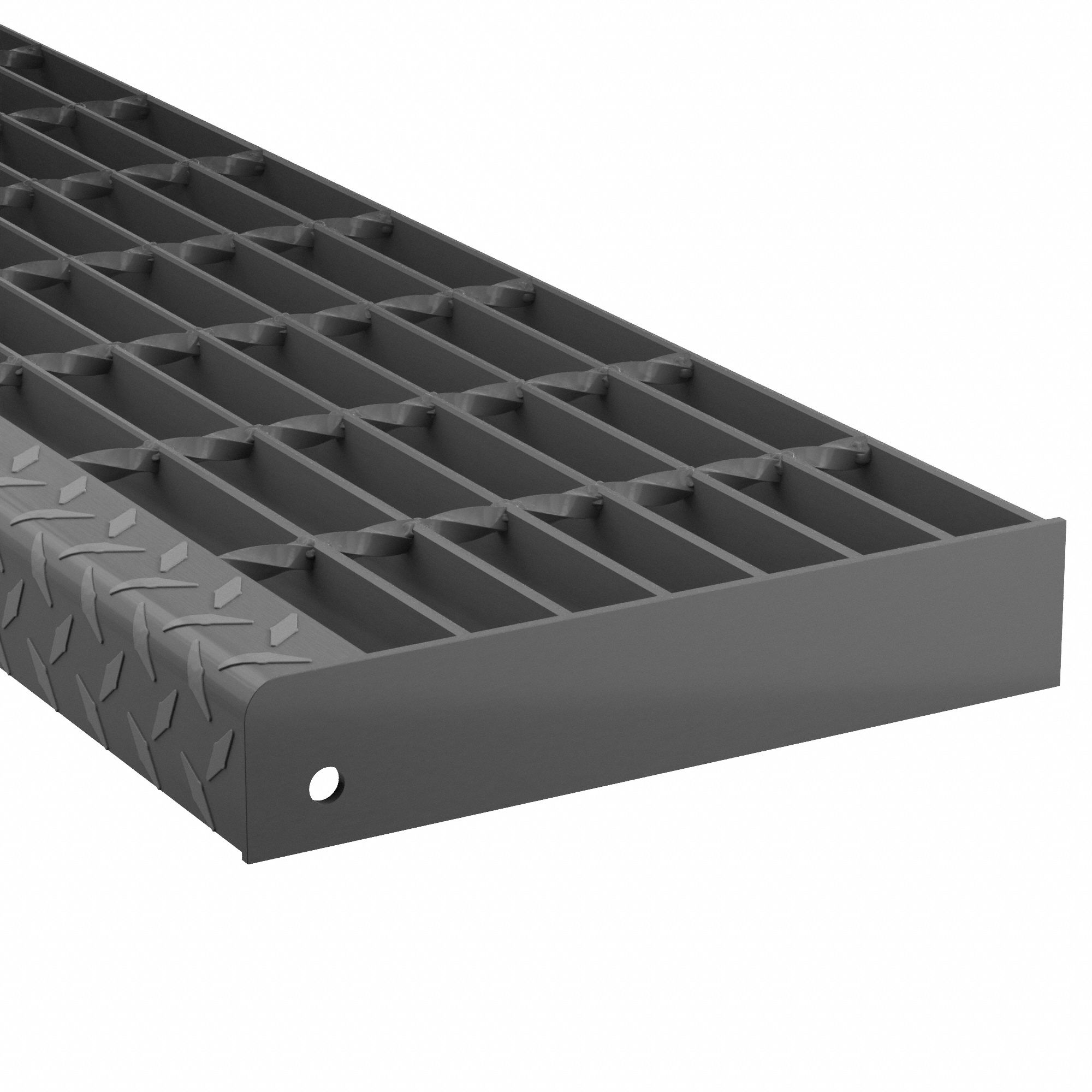 Carbon Steel Stair Tread: Smooth, Black Painted, 24 in Tread Wd, 8 9/16 in Tread Dp, 7 Bearing Bars